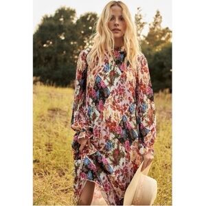 Anthropologie Shara Pleated Midi Dress Multicolor Floral Long Sleeve Size M